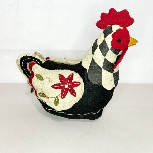 Black Grey & Red Felted Wool Beaded Chicken Rooster Weighted Bottom - Picture 1 of 7